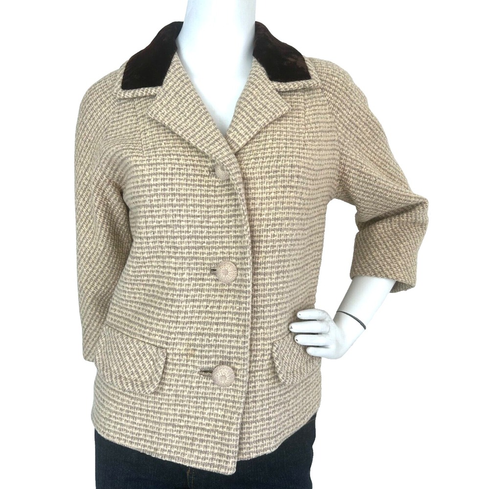Vintage 1960s Printzess Tweed Car Coat Jacket Velvet Trim Jackie O Boxy Mod NOS